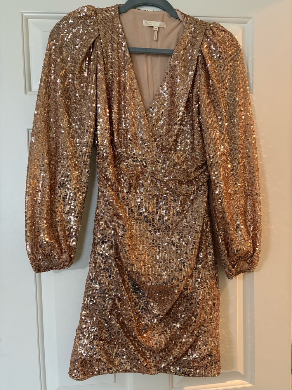 Maje Rose Gold Sequin Wrap-Style Mini Dress